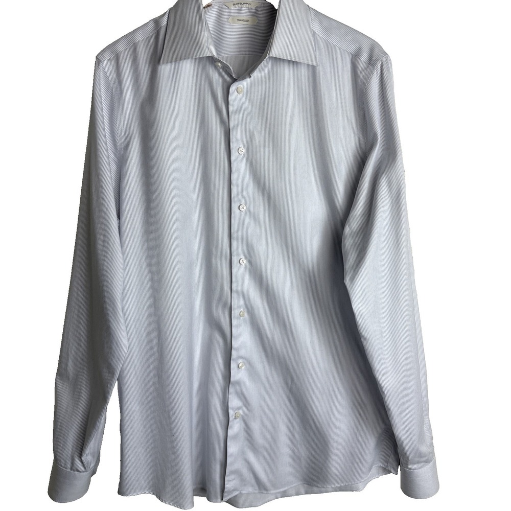 Suitsupply Slim Fit Button Up Shirt Mens 42L 16.5L Blue Striped